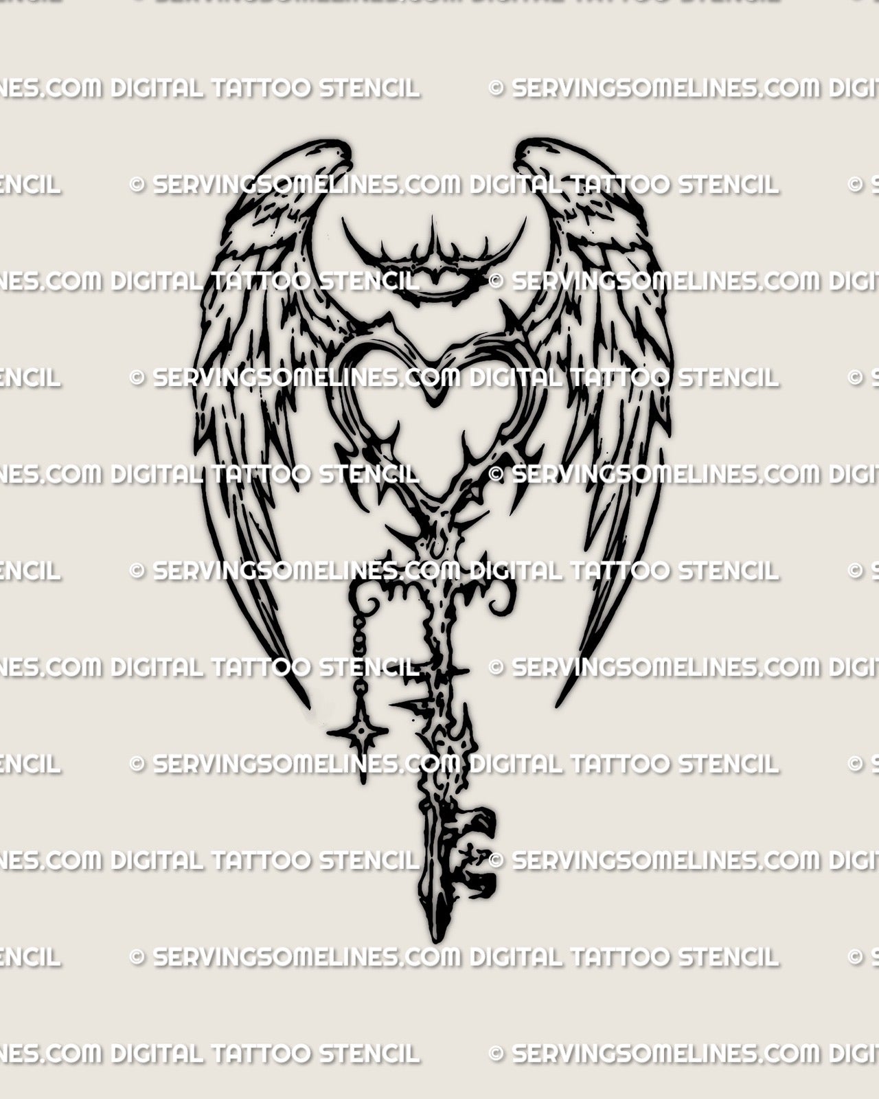 Winged heart key tattoo stencil, cyber tribal blackwork with crown spike halo, small star charm, clean outline for stencil transfer.