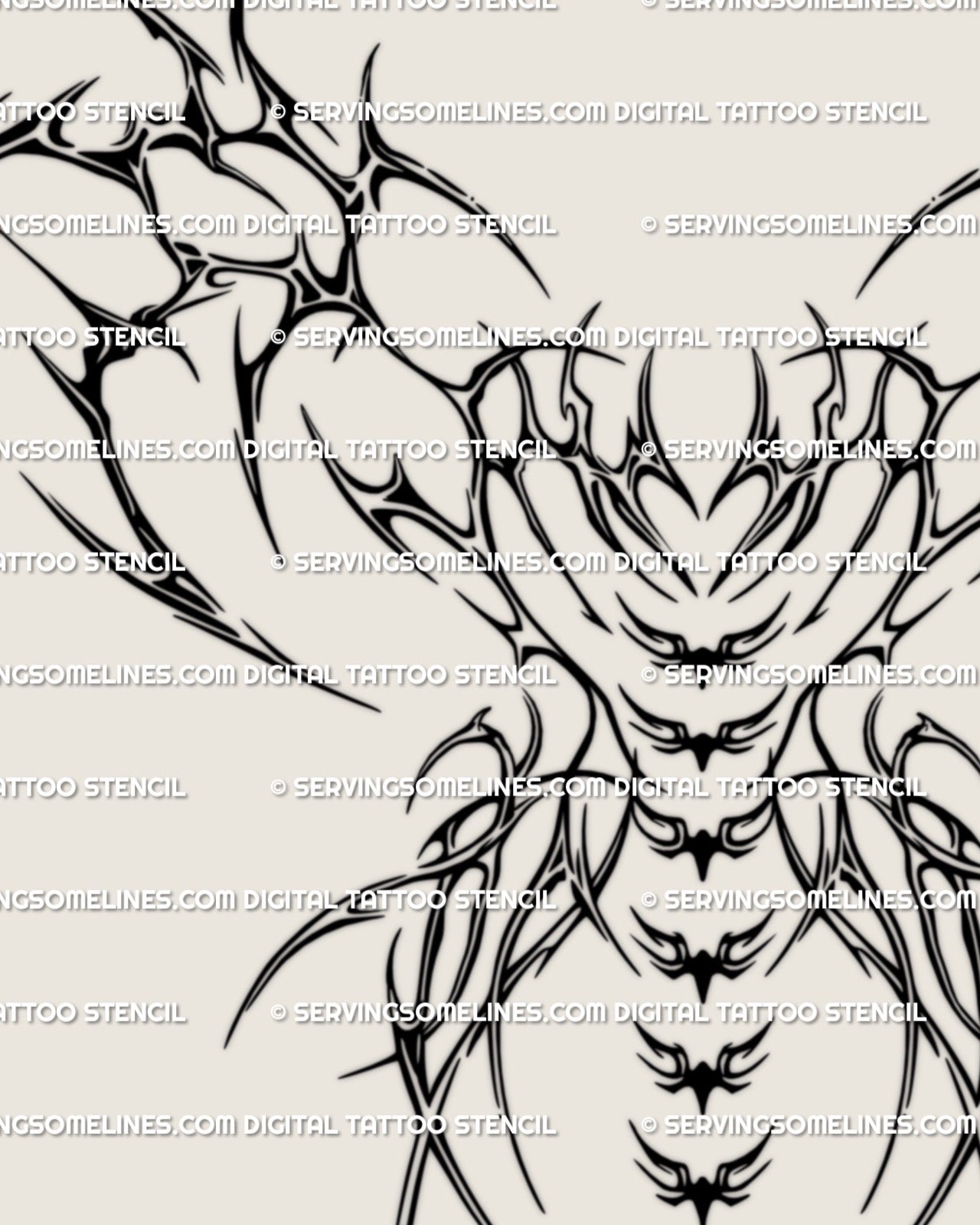 Close detail of a winged heart spine tattoo stencil with pointed tribal linework and dark symmetrical structure