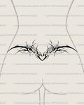 Lower back winged heart tramp stamp tattoo stencil, modern neotribal design with symmetrical wings and cyber-sigil details.