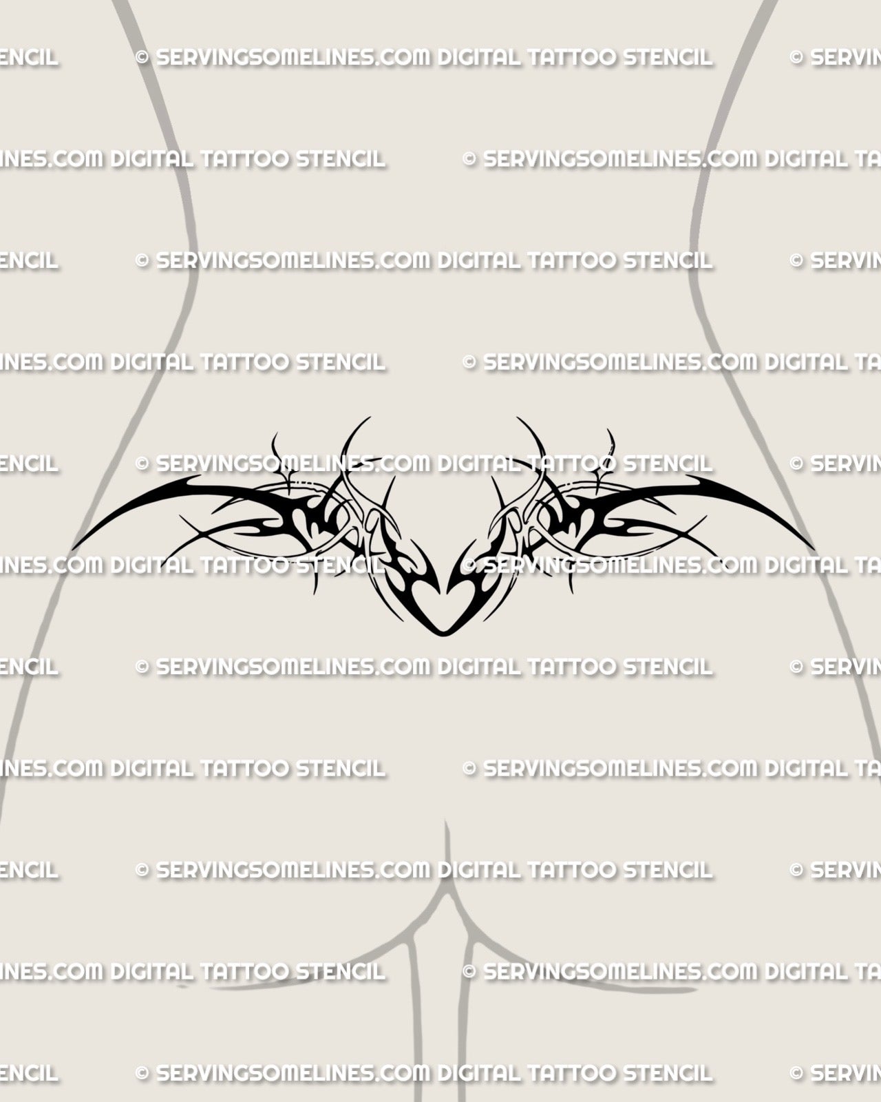 Lower back winged heart tramp stamp tattoo stencil, neotribal gothic fine-line design with symmetrical wings and cyber-sigil details.