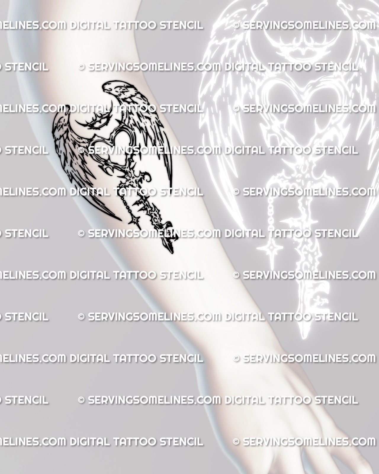 Winged key tattoo stencil shown on forearm placement, heart top, angel wings, crown spikes, star charm, cyber tribal blackwork.