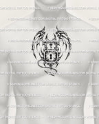 Winged padlock tattoo stencil shown on men’s chest center placement, horned lock with demon wings, cyber tribal style.
