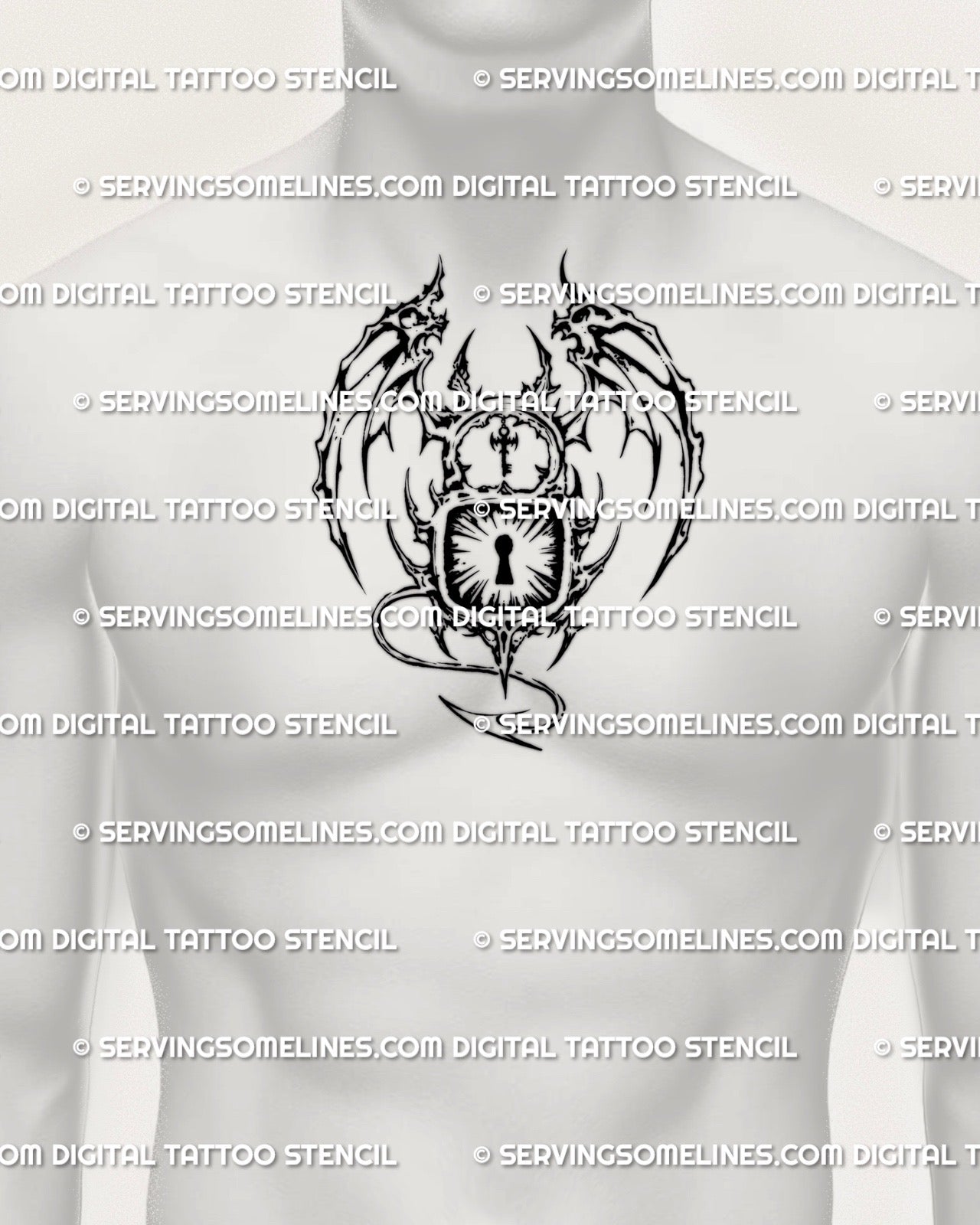 Winged padlock tattoo stencil shown on men’s chest center placement, horned lock with demon wings, cyber tribal style.