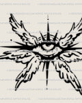 Digital tattoo stencil of a small winged seraphim eye design with six angel wings, shown as clean line art preview on neutral background.