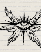 Digital tattoo stencil of a small winged seraphim eye design with six angel wings, shown as clean line art preview on neutral background.