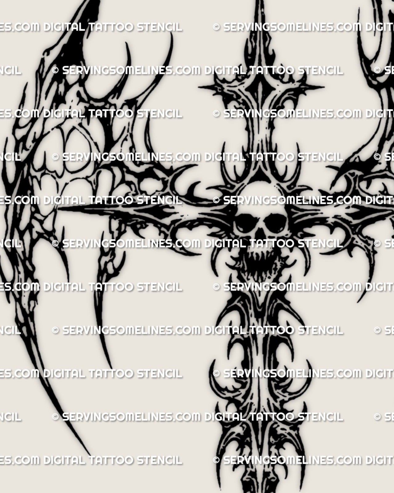 Winged skull cross blackwork tattoo stencil, aggressive neotribal cross design with cyber sigil inspired symmetry, digital product
