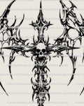 Winged skull cross tattoo stencil in gothic neotribal style, sharp cyber tribal wings and dark cross silhouette, digital tattoo design