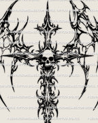 Winged skull cross tattoo stencil in gothic neotribal style, sharp cyber tribal wings and dark cross silhouette, digital tattoo design