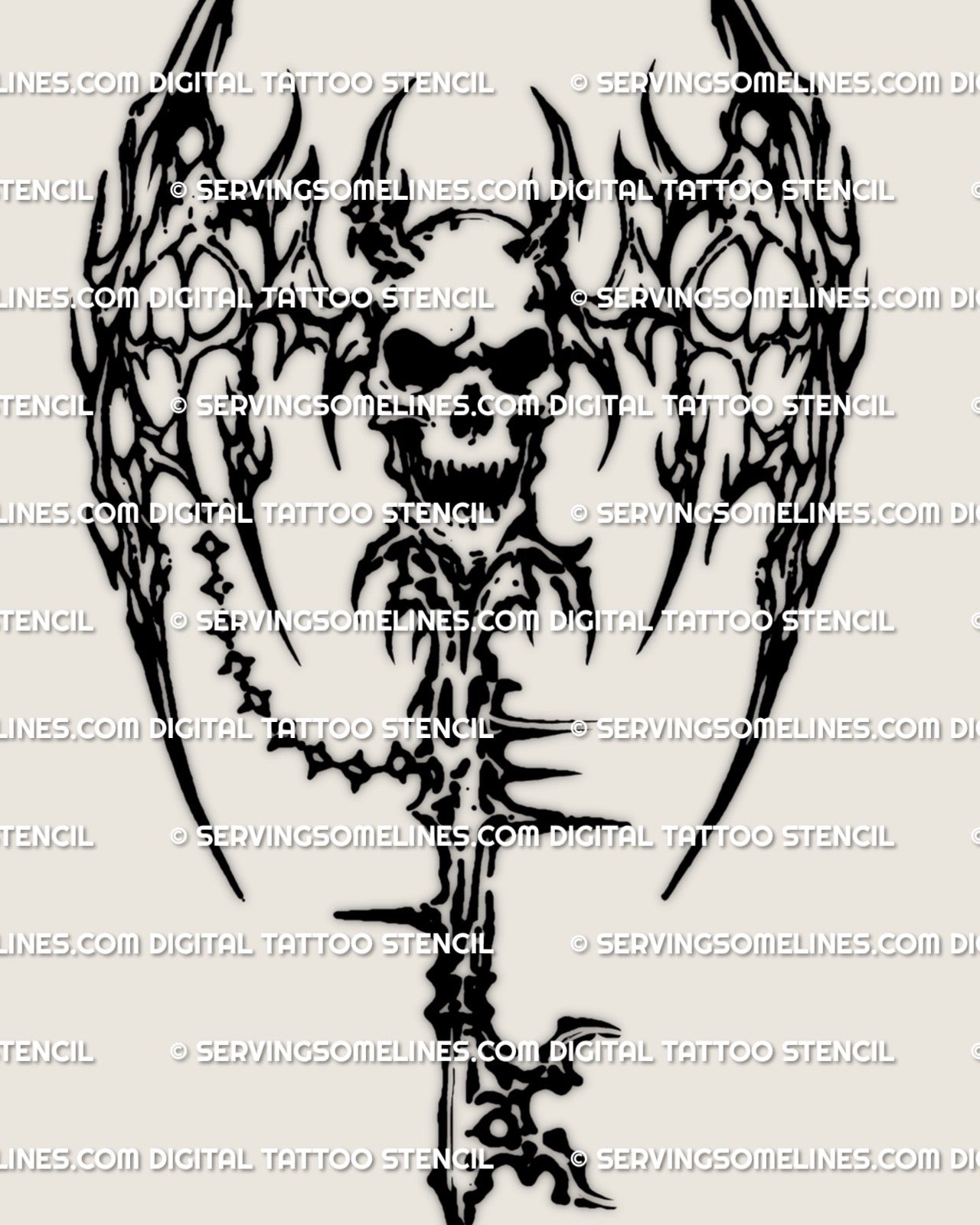 Winged skull key tattoo stencil, cyber tribal linework with horned skull, sharp wings, chain charm detail, high contrast design.