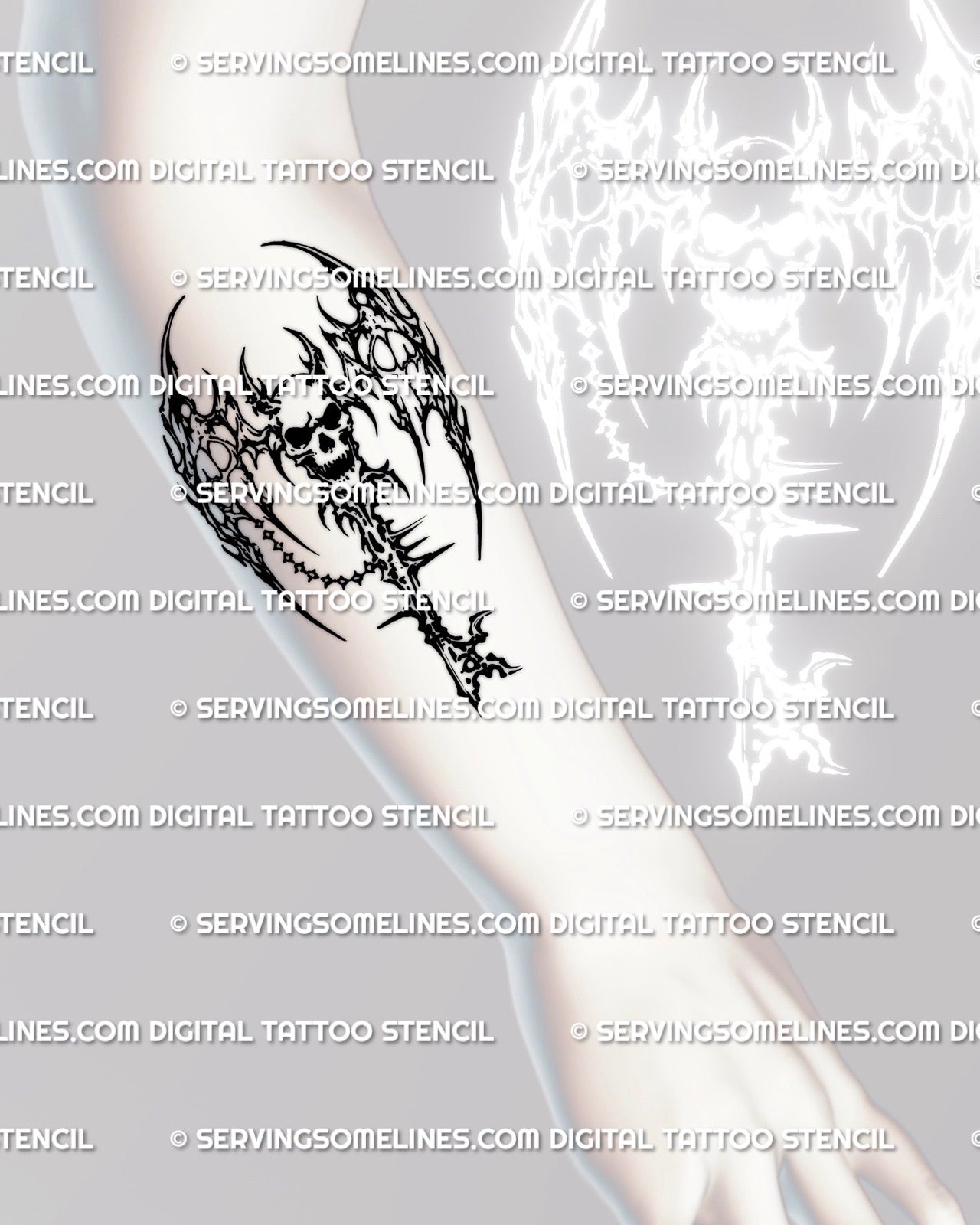 Winged skull key tattoo stencil shown on forearm placement, cybersigilism edge, spiked wing frame, chain charm, clean transfer lines.