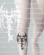 Winged skull key tattoo stencil shown on shin under knee placement, vertical key silhouette, sharp wings, horned skull, clean spacing.