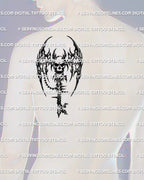 Winged skull key tattoo stencil shown on shoulder placement, horned skull centerpiece, wing frame, chain charm, crisp stencil-ready lines.