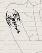 Winged skull key tattoo stencil shown on women’s arm placement, cybersigilism edge, spiked wing tips, horned skull, clean line spacing.