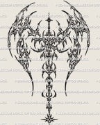 Winged spine tattoo stencil digital download design with cyber wings, spine-centered layout, and sharp vertical flow