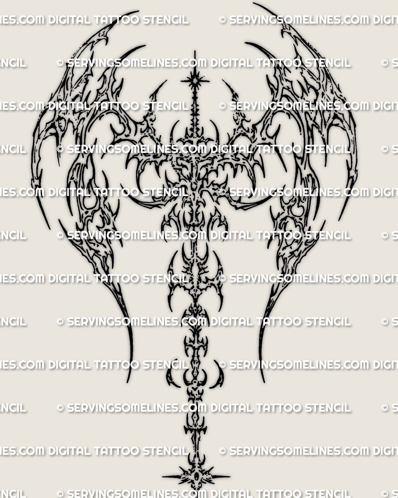 Winged spine tattoo stencil digital download design with cyber wings, spine-centered layout, and sharp vertical flow