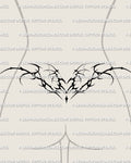 Winged succubus heart tattoo shown on feminine lower back placement example, with a pointed center and spread wings.