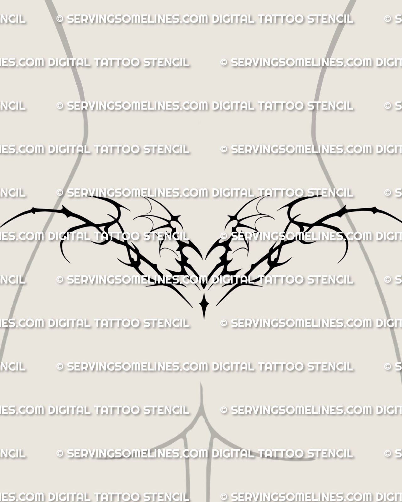 Winged succubus heart tattoo shown on feminine lower back placement example, with a pointed center and spread wings.