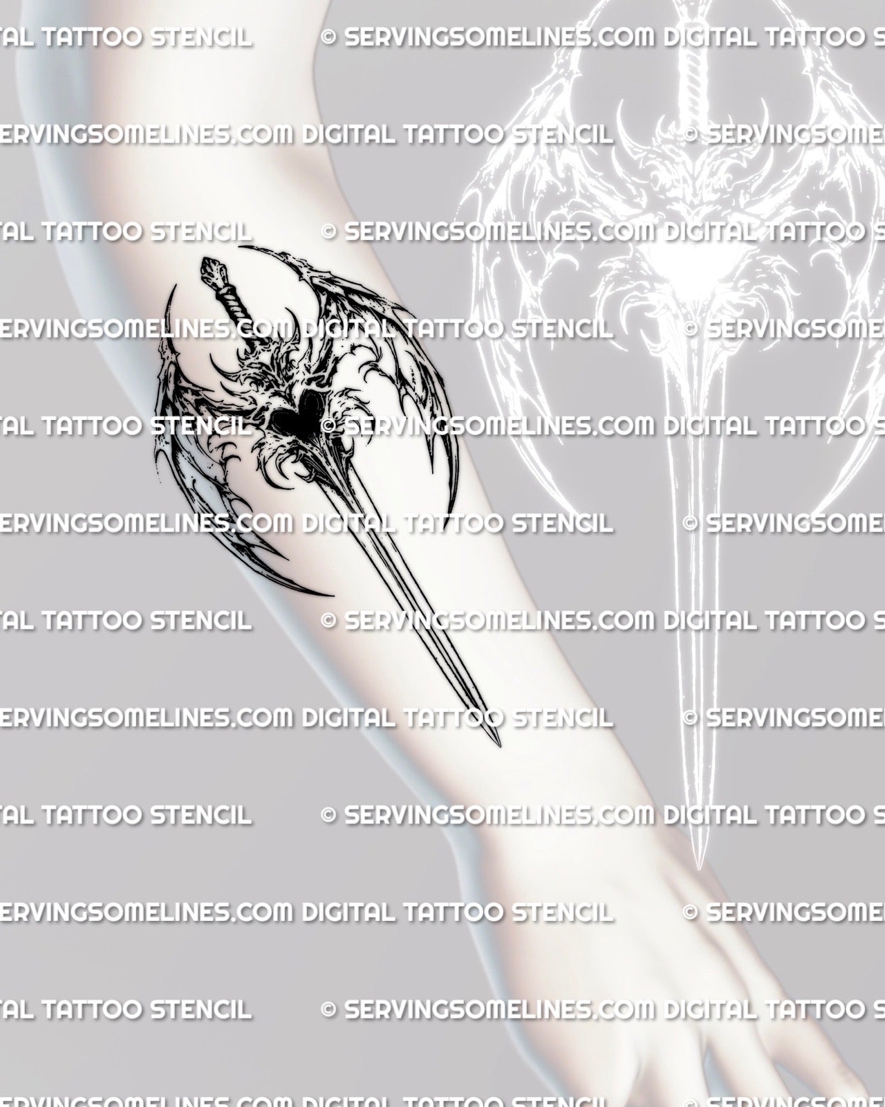 Winged sword tattoo with dark angel wings shown on forearm placement, clean fantasy sword stencil scaled for arm tattoos