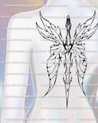 Winged sword spine tattoo stencil with fairy wings and cyber-tribal detailing, shown as a feminine backpiece of sword and airy symbolism.