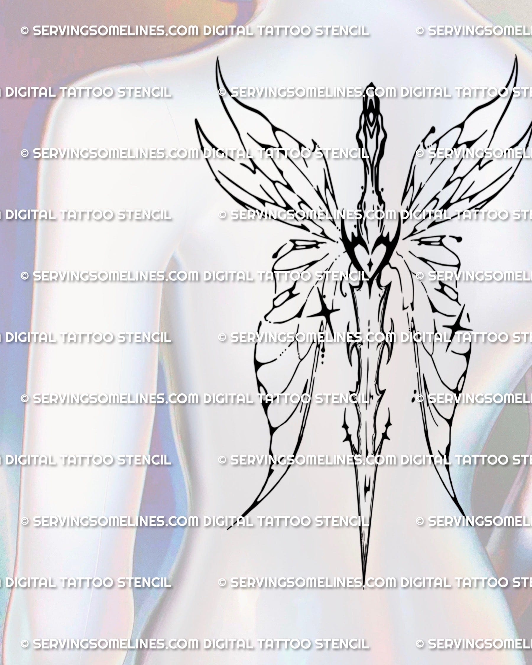 Winged sword spine tattoo stencil with fairy wings and cyber-tribal detailing, shown as a feminine backpiece of sword and airy symbolism.