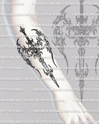 Winged sword tattoo stencil shown on forearm placement preview, symbolic blade design with digital download files.