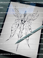 Winged sword tattoo stencil displayed on iPad preview as a digital download with feminine upper back composition