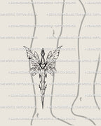 Winged sword tattoo stencil shown on lower leg placement, long blade vertical fit, fairy wing sword stays readable.