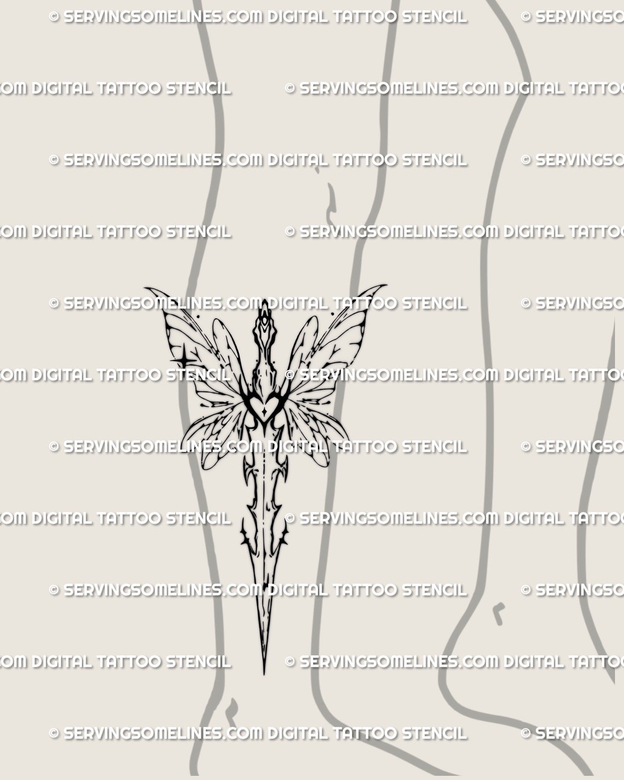Winged sword tattoo stencil shown on lower leg placement, long blade vertical fit, fairy wing sword stays readable.