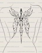 Winged sword upper back tattoo shown on women’s upper back placement with a spine-aligned blade and soft wing spread