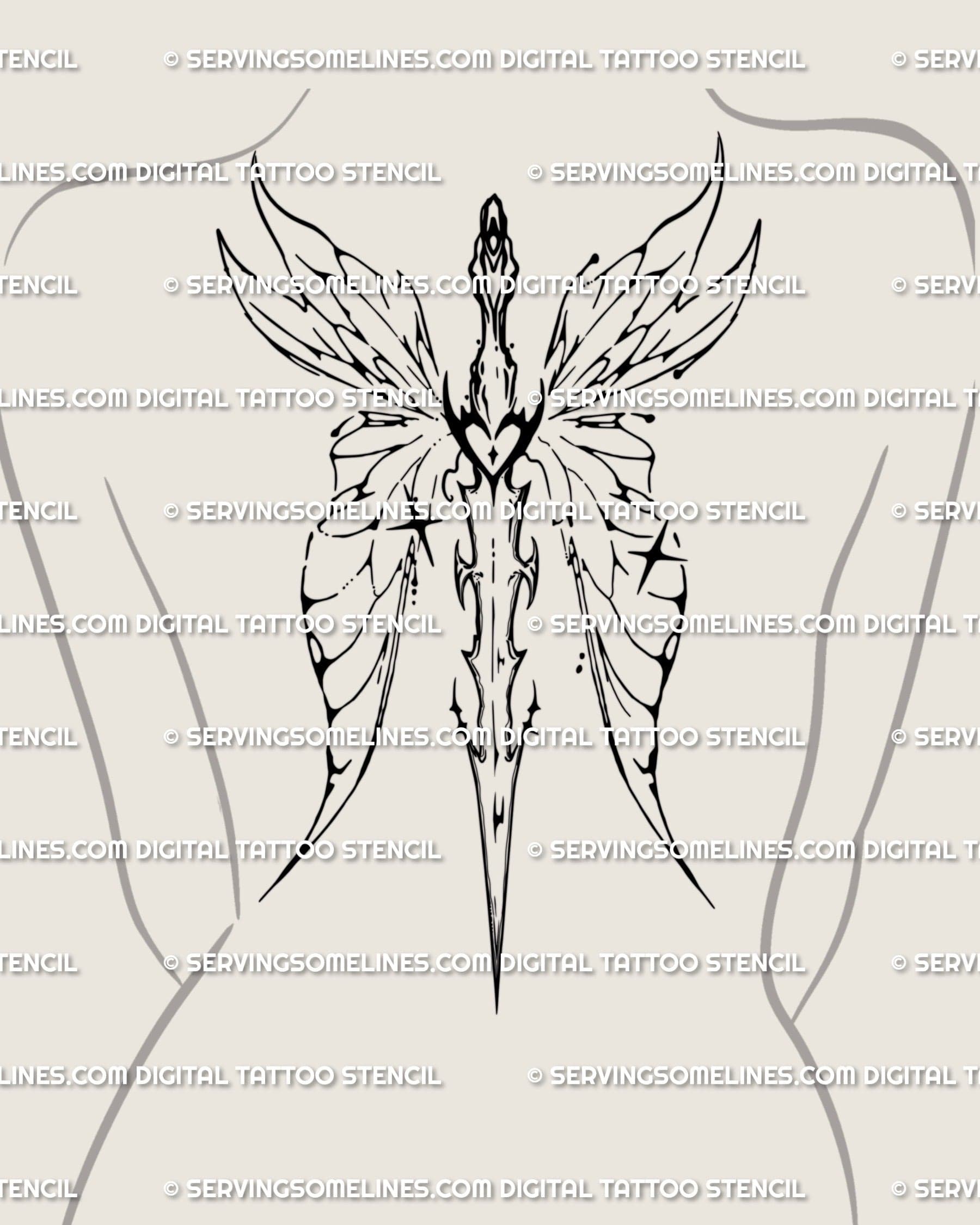 Winged sword upper back tattoo shown on women’s upper back placement with a spine-aligned blade and soft wing spread