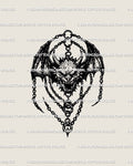 Winged demon skull tattoo stencil in gothic blackwork dotwork, chained medieval charm design for arm or chest placement