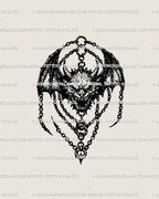 Winged demon skull tattoo stencil in gothic blackwork dotwork, chained medieval charm design for arm or chest placement