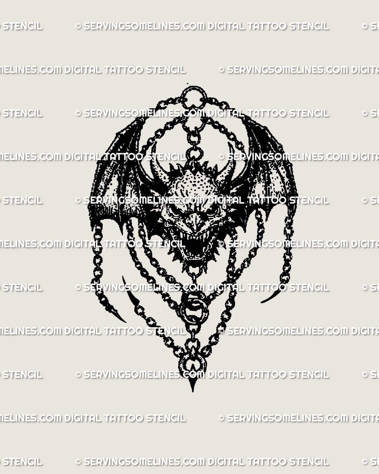 Winged demon skull tattoo stencil in gothic blackwork dotwork, chained medieval charm design for arm or chest placement