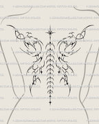 Winged spine tattoo stencil with gothic ornamental symmetry, a cyber tribal wings design flowing along the back for a dramatic spine tattoo flash.