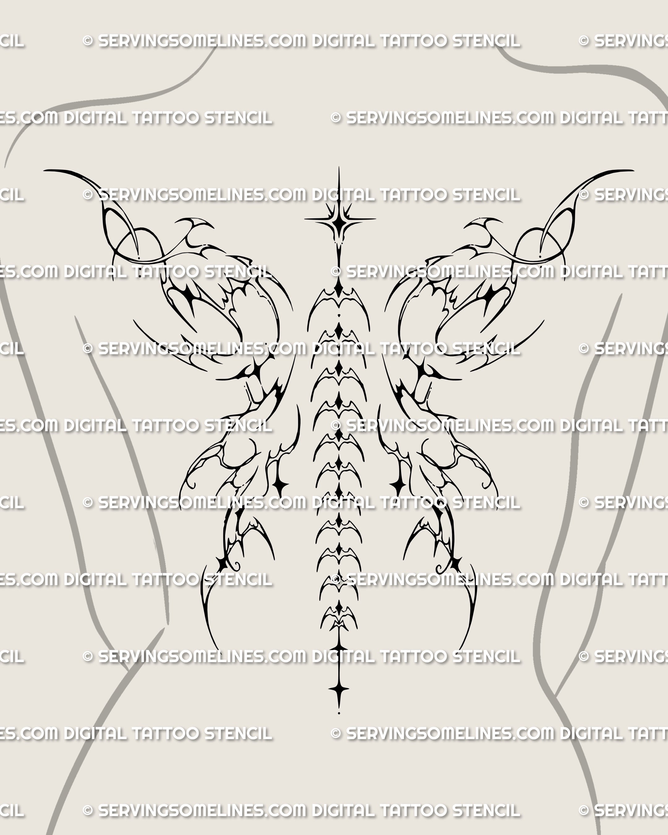 Winged spine tattoo stencil with gothic ornamental symmetry, a cyber tribal wings design flowing along the back for a dramatic spine tattoo flash.