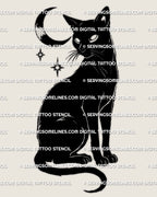 Witch cat stencil download, black cat silhouette tattoo file for printing and stencil transfer, clean high resolution lines.