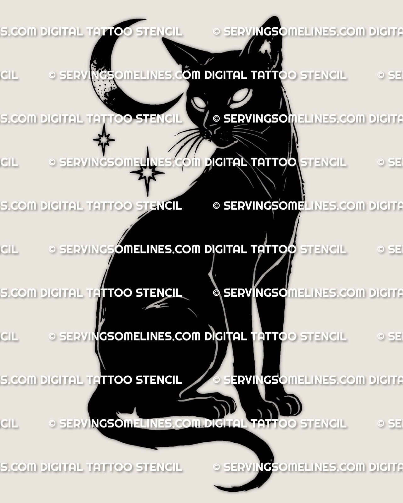 Witch cat stencil download, black cat silhouette tattoo file for printing and stencil transfer, clean high resolution lines.