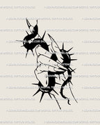 Gothic witch hand holding a thorned serpent tattoo stencil, clean black linework digital download shown as centered design preview
