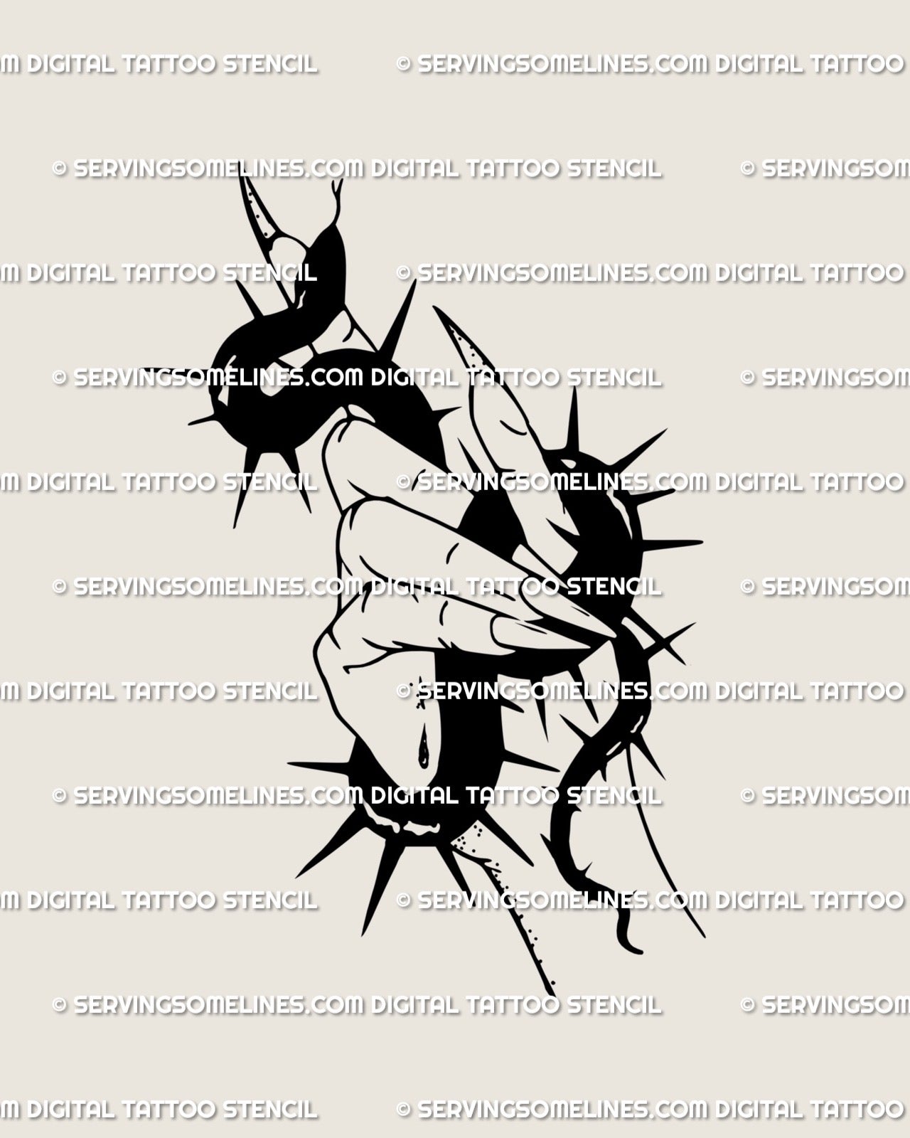 Gothic witch hand holding a thorned serpent tattoo stencil, clean black linework digital download shown as centered design preview
