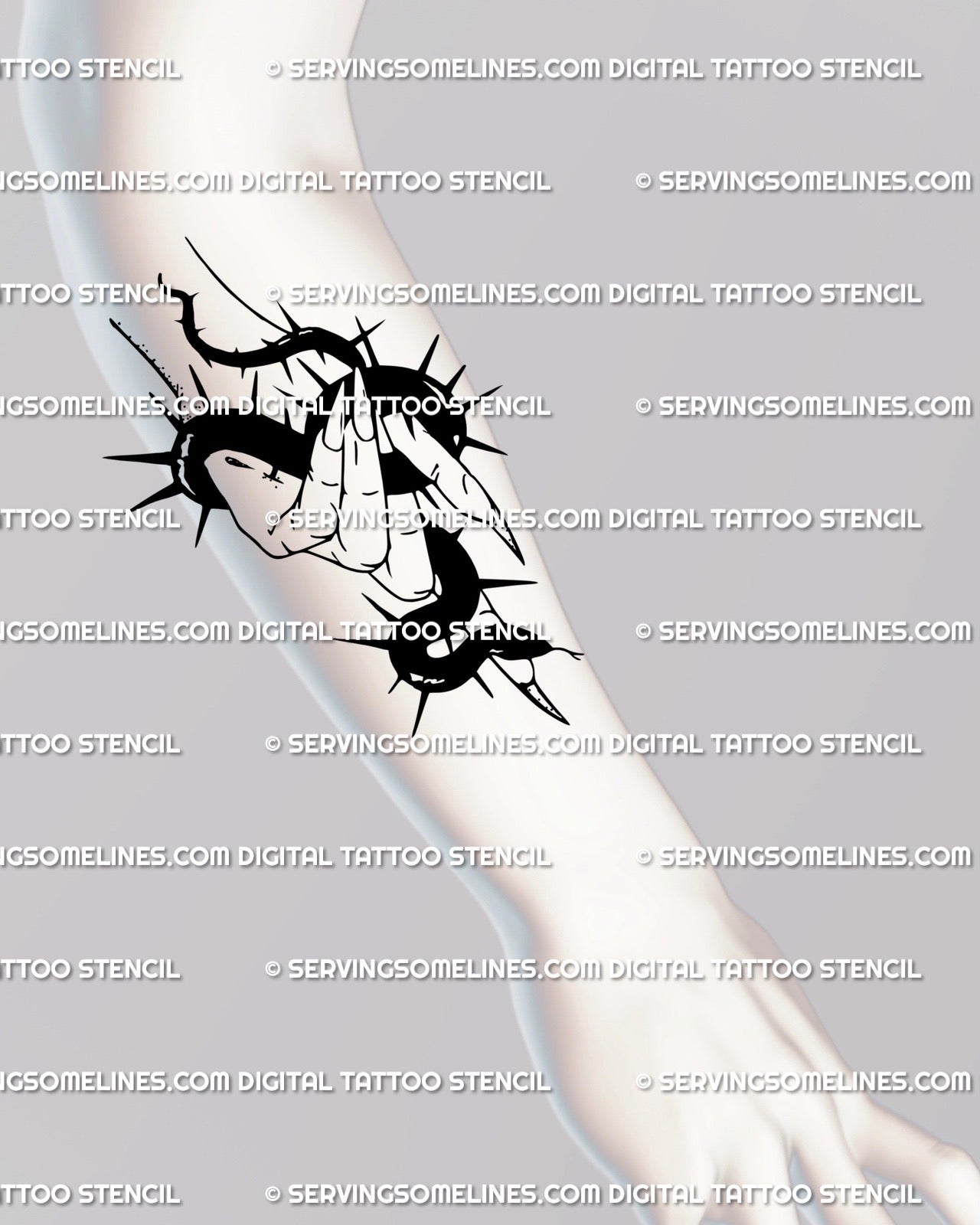 Gothic witch hand serpent tattoo stencil displayed on forearm placement example, dark symbolic linework digital tattoo download