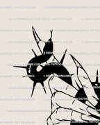 Close-up of witch hand and thorned snake tattoo stencil showing sharp black lines and symbolic details, digital tattoo design file