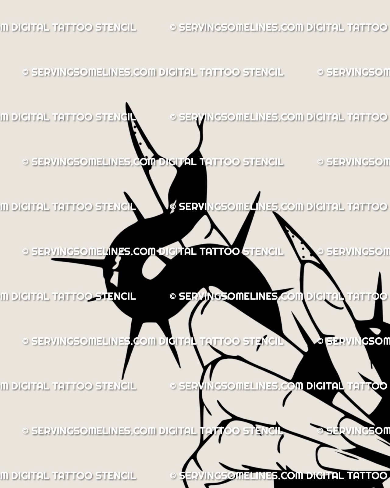 Close-up of witch hand and thorned snake tattoo stencil showing sharp black lines and symbolic details, digital tattoo design file