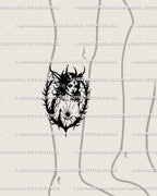 Witch portrait leg tattoo design, gothic blackwork style with thorn-framed face, dark feminine fantasy and witchcore elements.