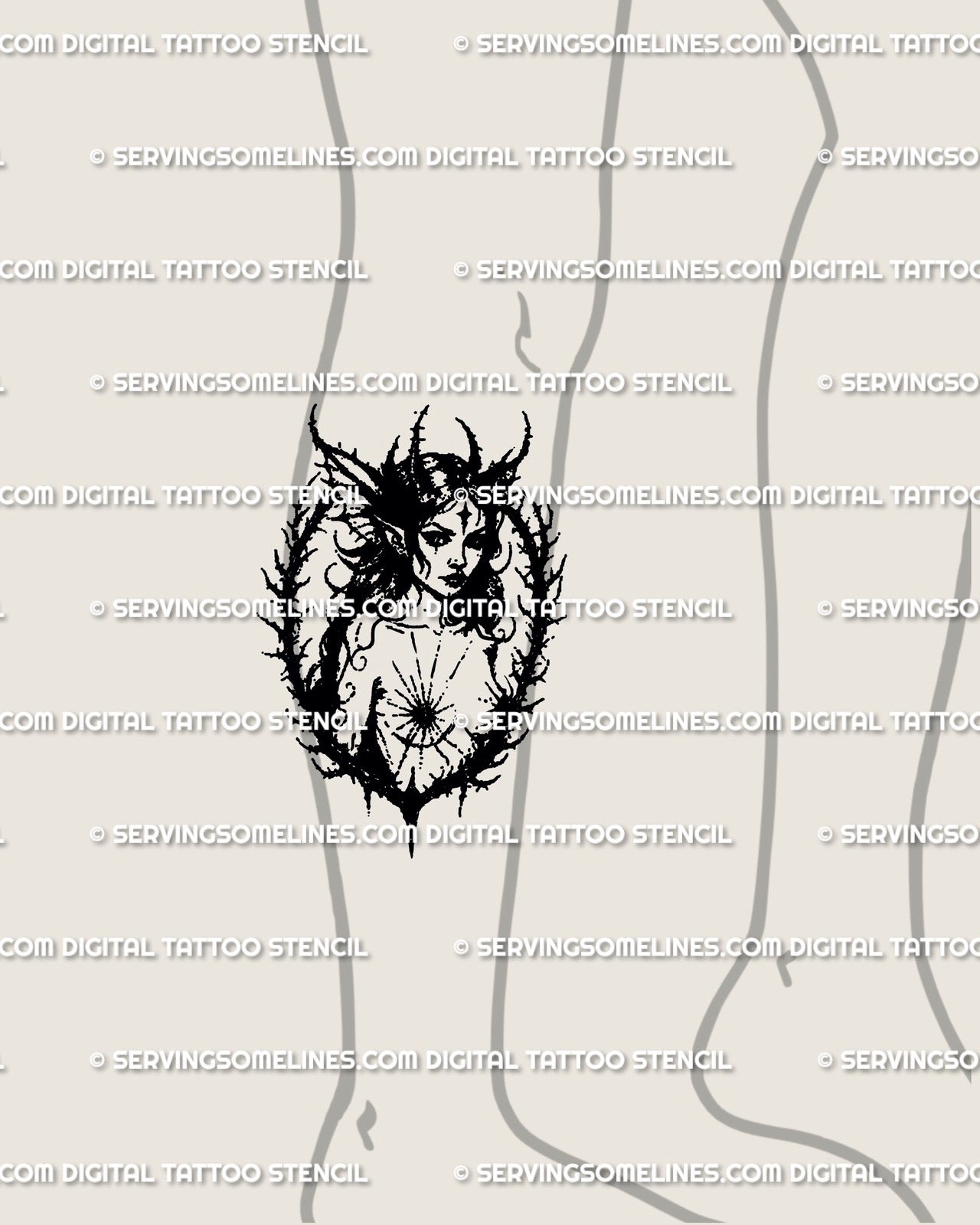 Witch portrait leg tattoo design, gothic blackwork style with thorn-framed face, dark feminine fantasy and witchcore elements.