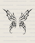 Witchcore butterfly tattoo stencil in cybersigilism style, dark ornamental wings with tribal lines and soft gothic symmetry. 