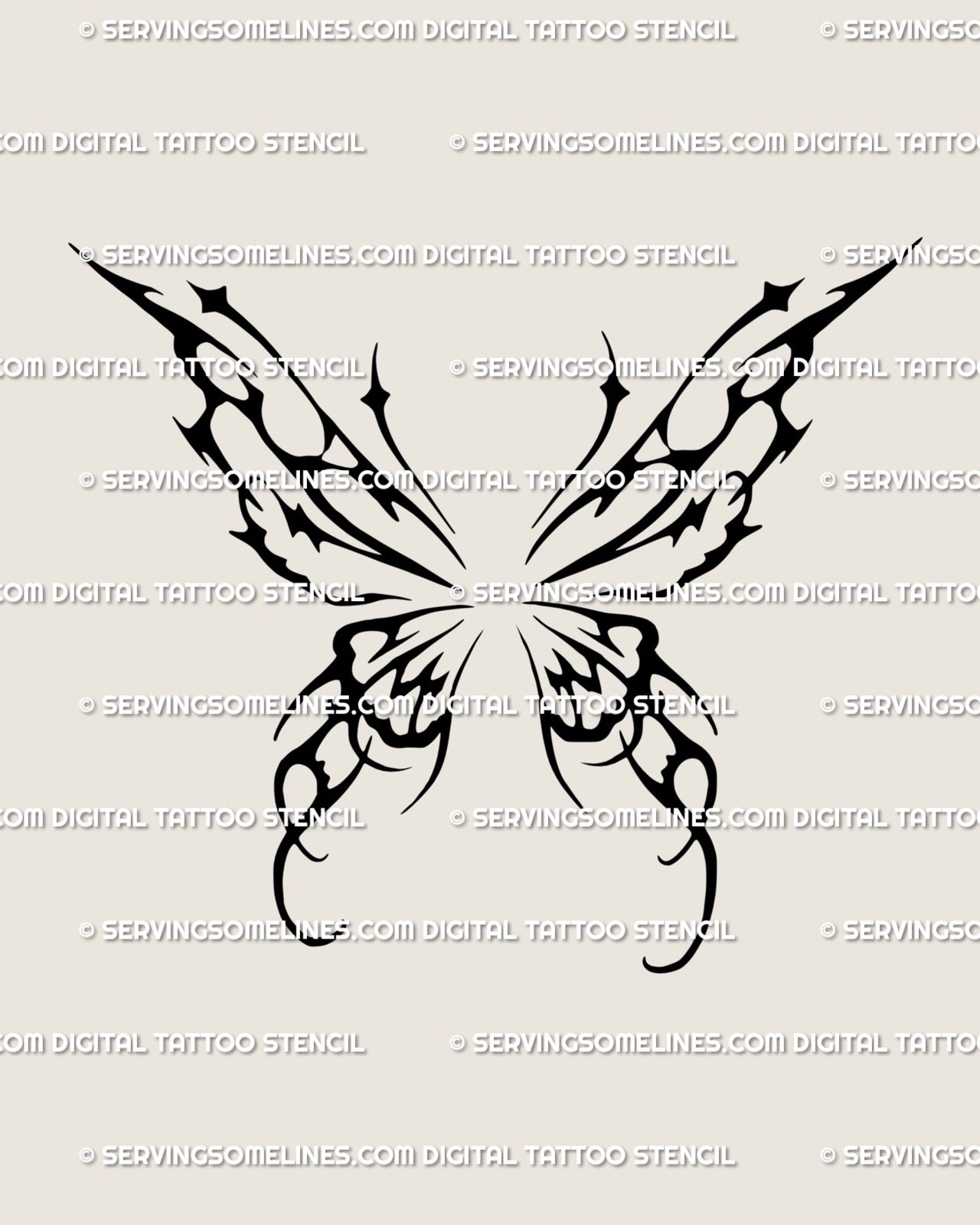 Witchcore butterfly tattoo stencil in cybersigilism style, dark ornamental wings with tribal lines and soft gothic symmetry. 