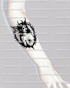 Dark witch portrait forearm tattoo design, gothic blackwork portrait stencil with thorn details and elegant witchcore energy.