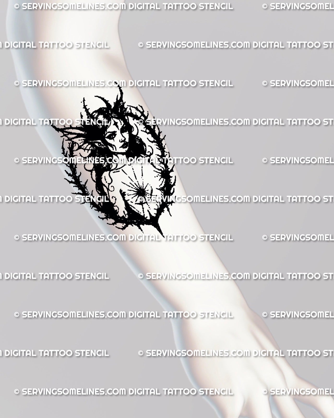 Dark witch portrait forearm tattoo design, gothic blackwork portrait stencil with thorn details and elegant witchcore energy.