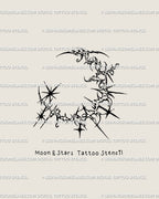 Witchy celestial tattoo art showing crescent moon and stars, cyber gothic stencil with ornamental lunar flow.