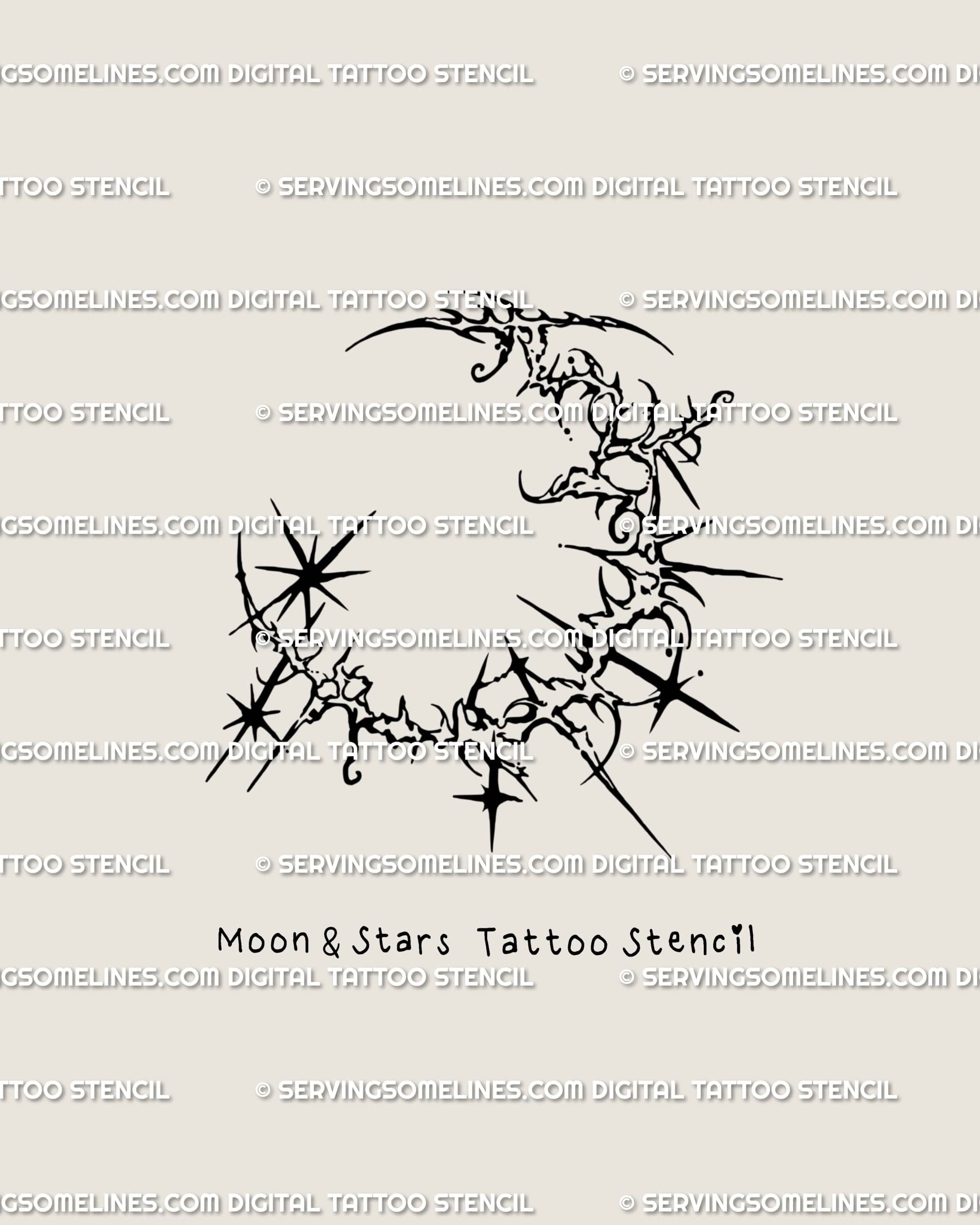Witchy celestial tattoo art showing crescent moon and stars, cyber gothic stencil with ornamental lunar flow.